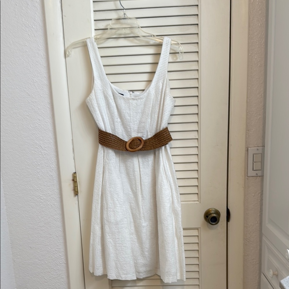 White sleeveless Dress with light brown belt